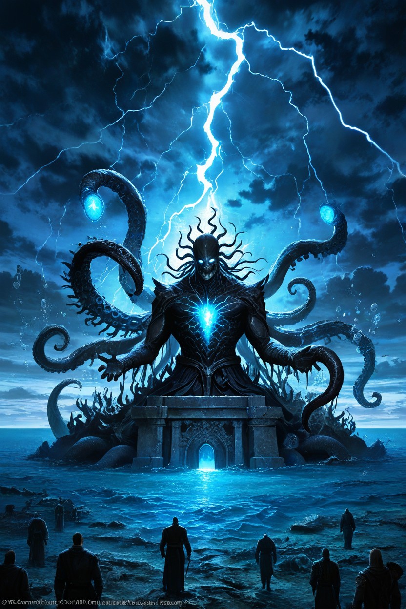 Cinematic Cosmic Horror, Epic Scale, A Supernatural Storm Erupts Across The Ocean Massive Waves Hentai IA