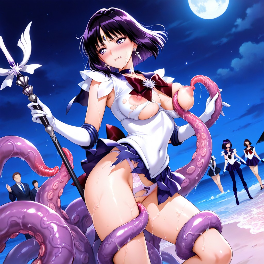 Tentacles Surround Her, Sailor Saturn, Sailor Saturn Official Uniform In Anime Hentai IA