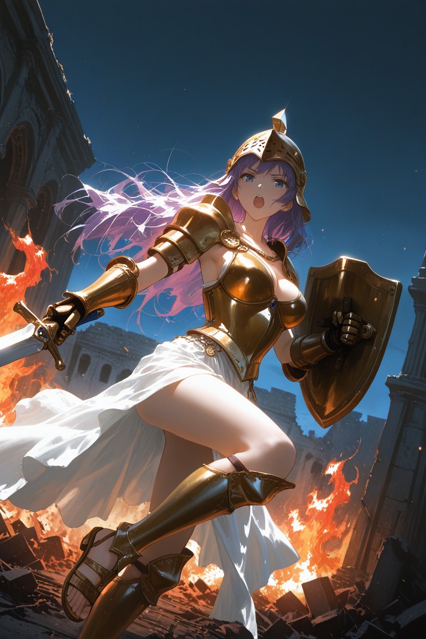 Greek Strapped Sandals, Blue Eyes, Golden Breast Armor Hentai IA