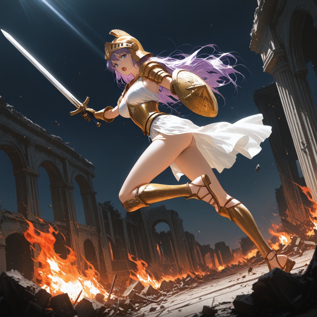 Golden Greek Armor, Athena Armor Outfit, Running Towards Viewer Hentai AI Porn