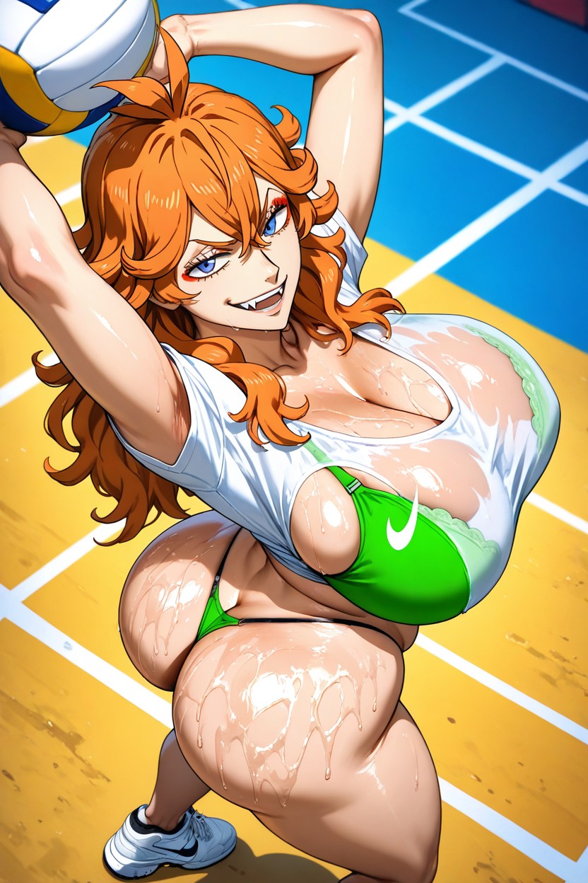 Lightly Tanned Skin, Red Eyeshadow, Half Ass View Hentai AI Porn