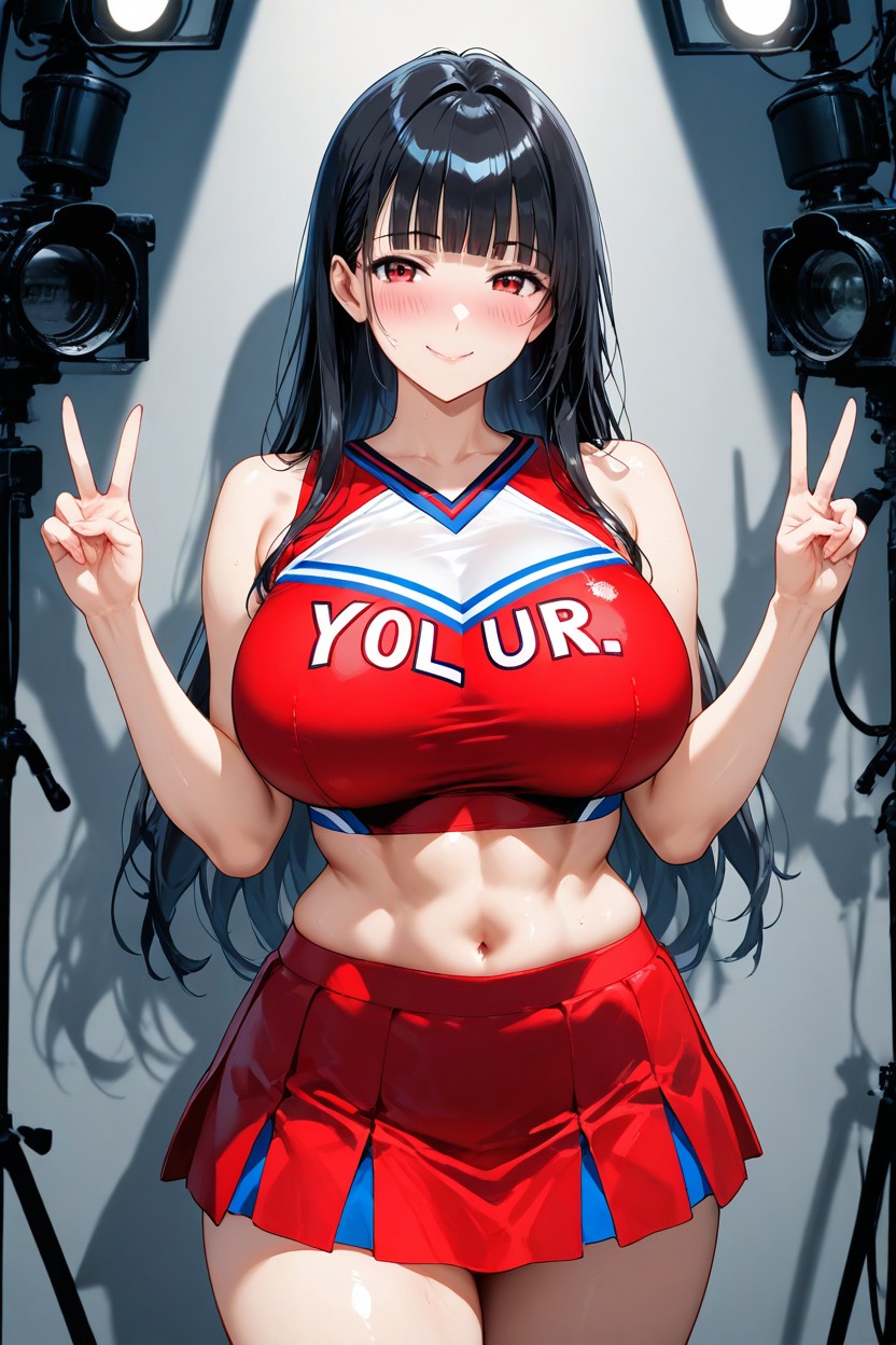 Blushing, Tight Red Sports Top, Long Black Hair Hentai AI Porn