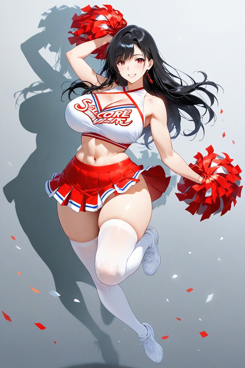 Smiling, Bare Shoulders, Red Pleated Cheerleader Skirt Hentai AI Porn