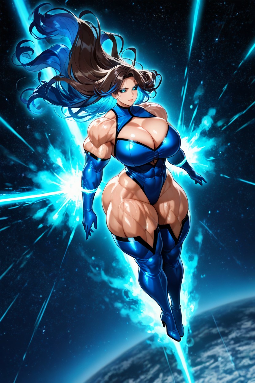 Long Length Hair, Sapphire Blue Gloves, Firing A Powerful Laser Beam From Her Feet Hentai AI Porn