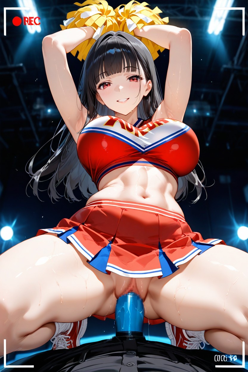 Light Blush, Wearing Red Cheerleader Uniform, Arms Up Hentai AI Porn