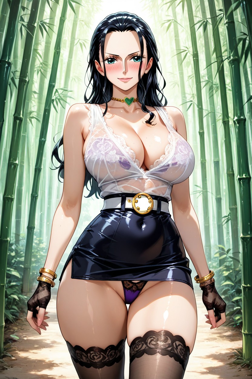 Bamboo Forest, Blushing, Lace Stockings Hentai AI Porn
