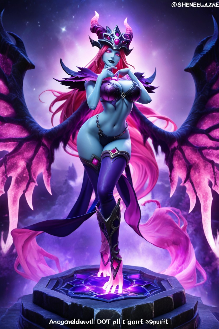 Ornate Bronze Bikini Armor, High Sharp Magenta Energy Horns, Close Up Hentai AI Porn