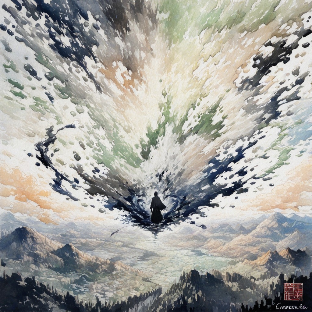 Landscape Made Of Watercolor Ink, Mythological Atmosphere, Expressive Calligraphic Brush Art Style Hentai IA
