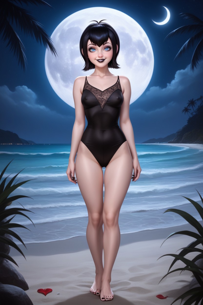 Legs Apart, Black Lipstick, Tropical Uninhabited Island Hentai AI Porn