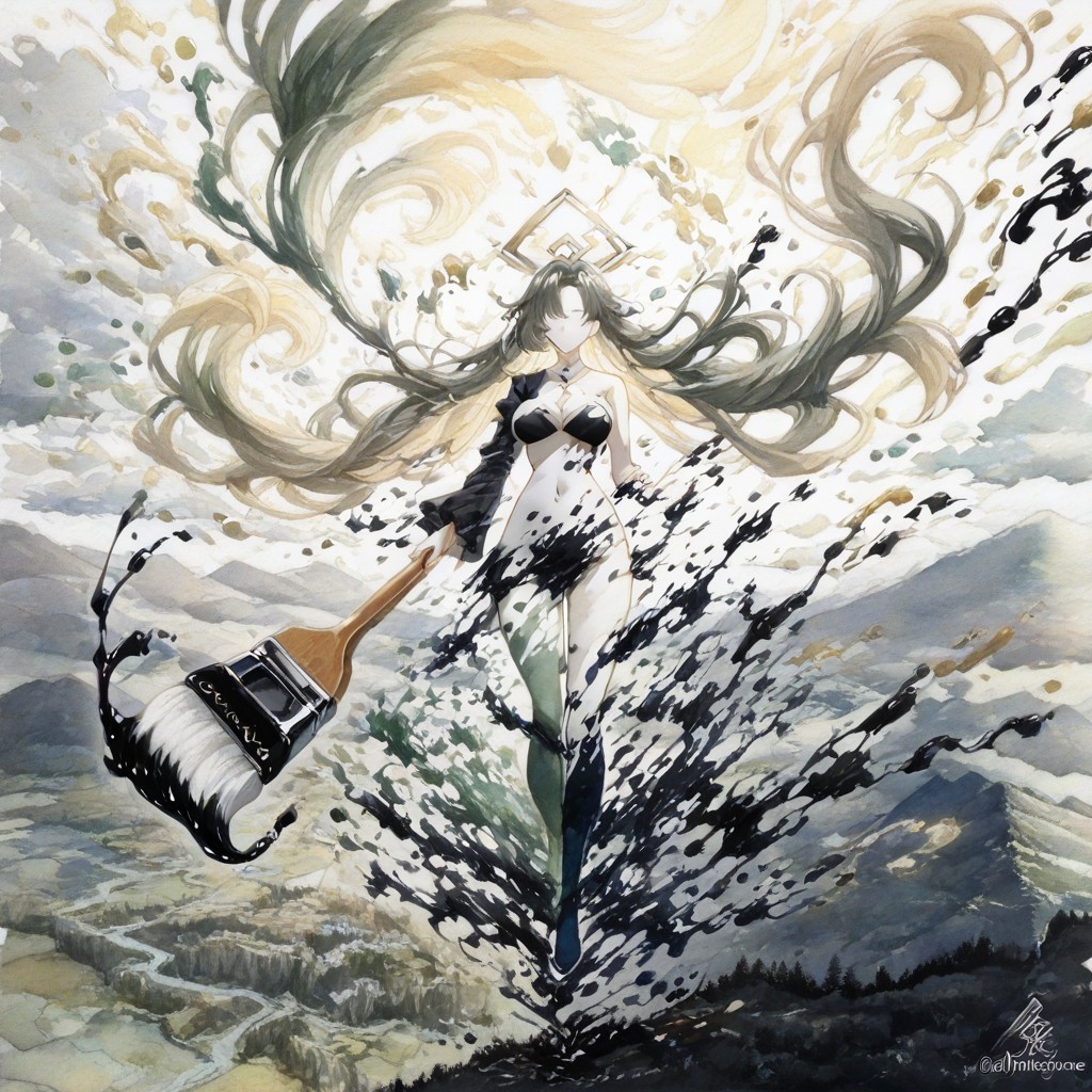 Her Hair Dissolving Into Surrounding Watercolor Ink, Everything Made Of Watercolor Ink, Sumi-e Influence Hentai AI Porn