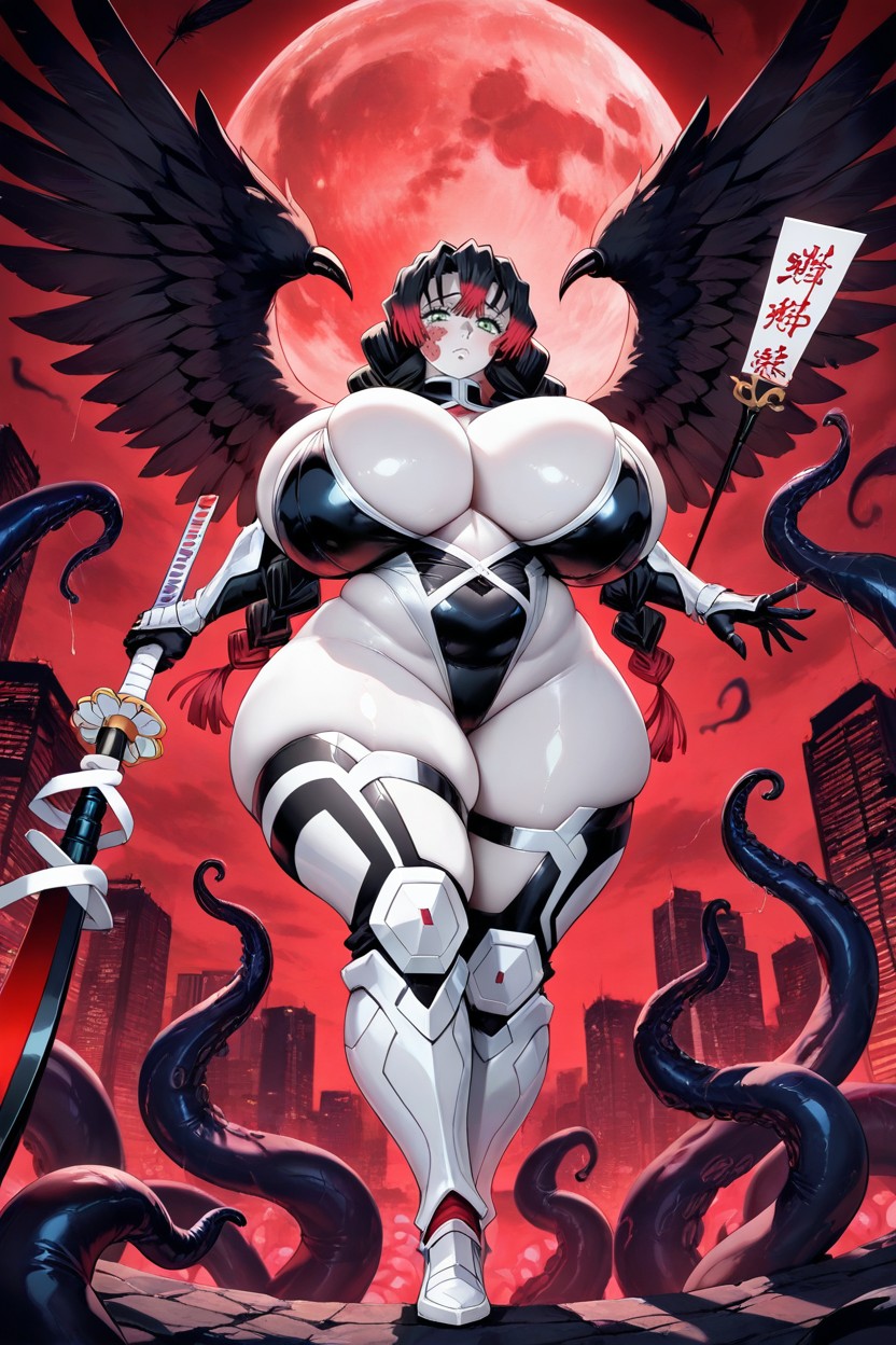 Mitsuri Kanroji From Demon Slayer, Highleg White Taimanin Leotard, Arms Raising High Up Magical Staff Hentai AI Porn