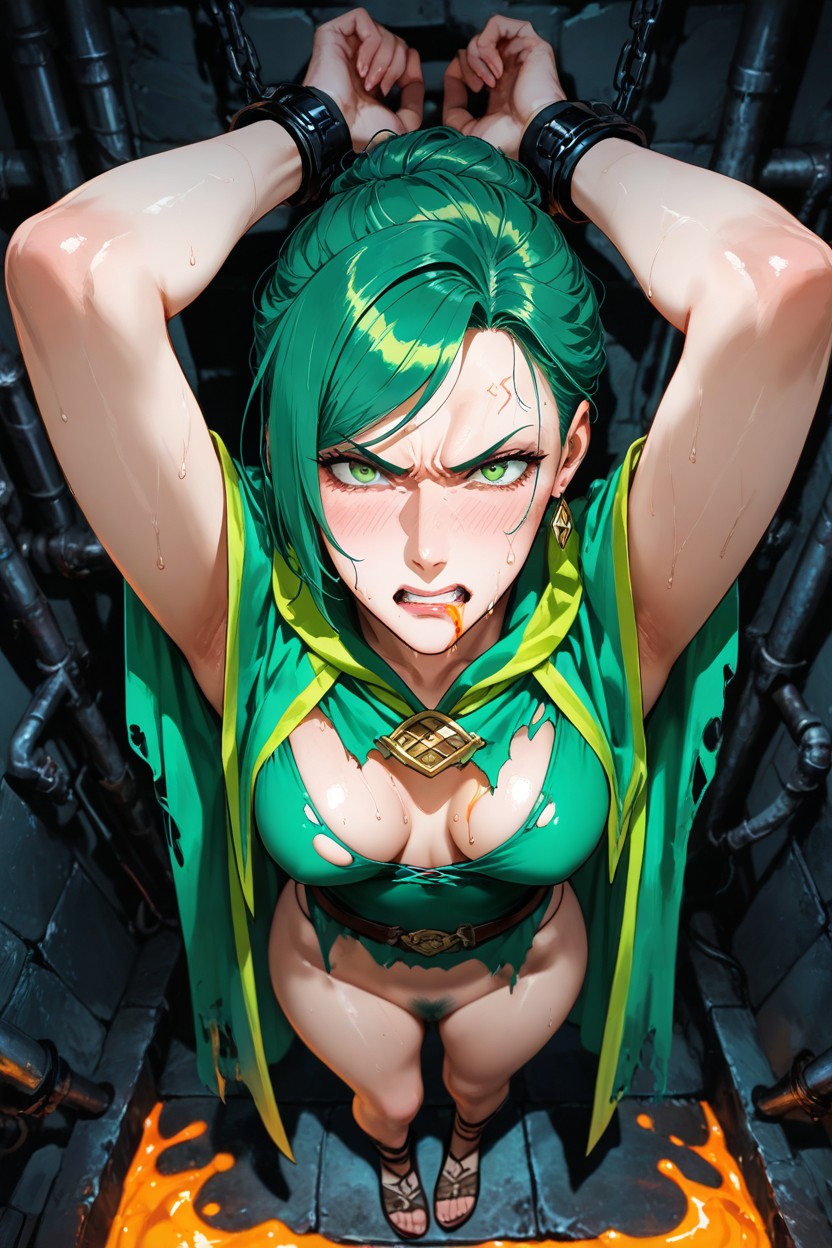 Green Eyes, Pelo Verde, Parted Hair Hentai IA