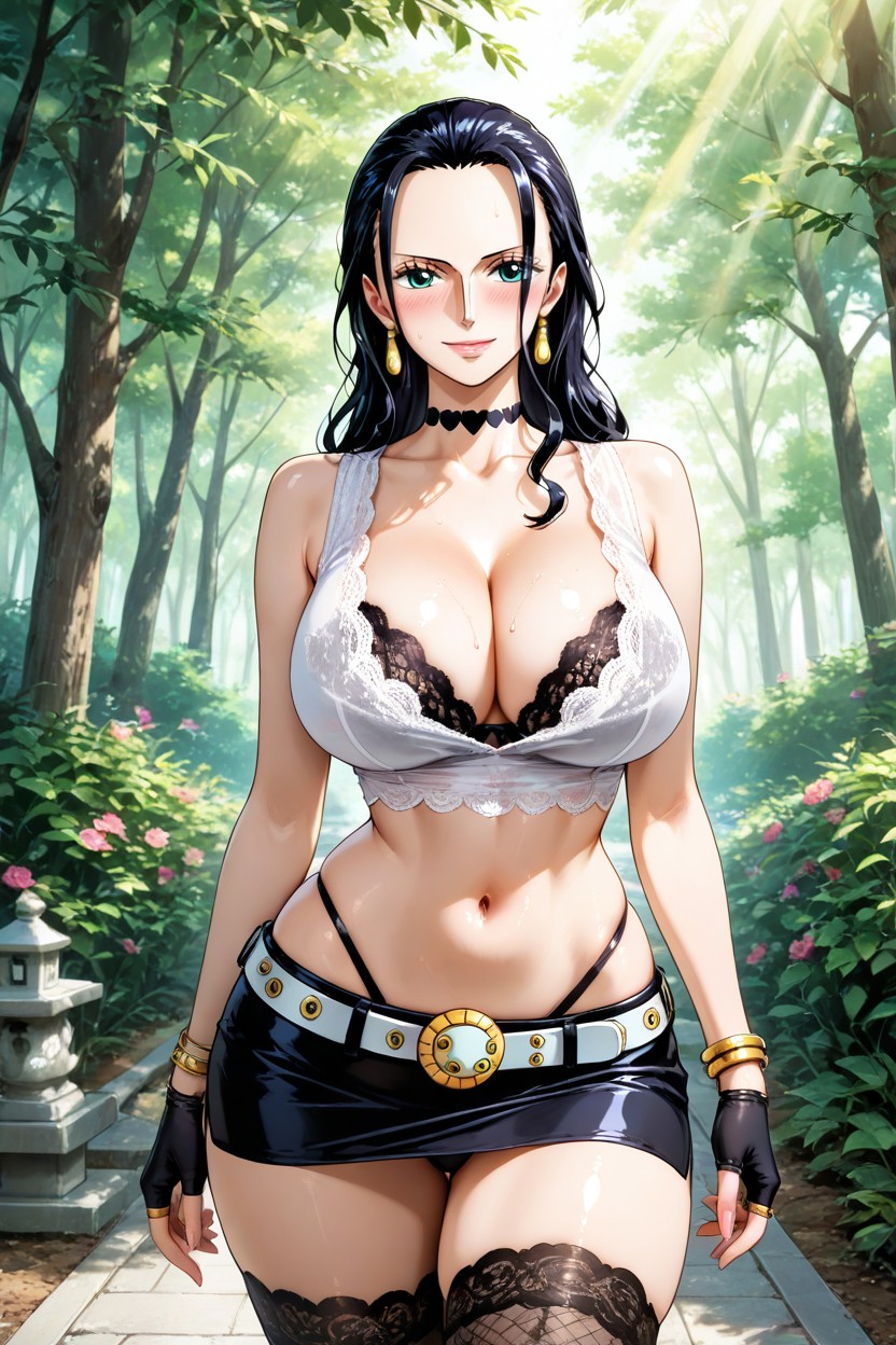 Looking At The Viewer, White Sleeveless Top, Black Fabric Miniskirt Hentai IA