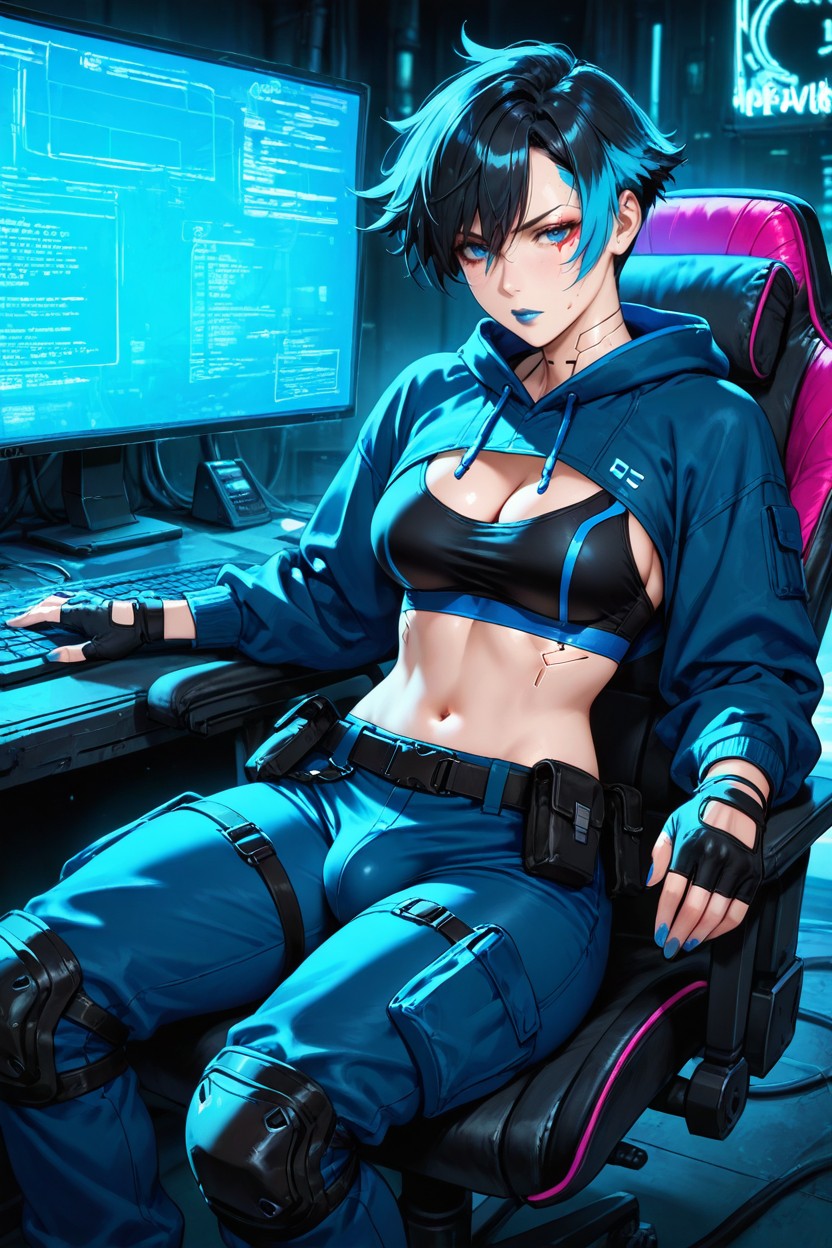 Solo, Lots Of Computer Screens, Focused Face Hentai AI Porn