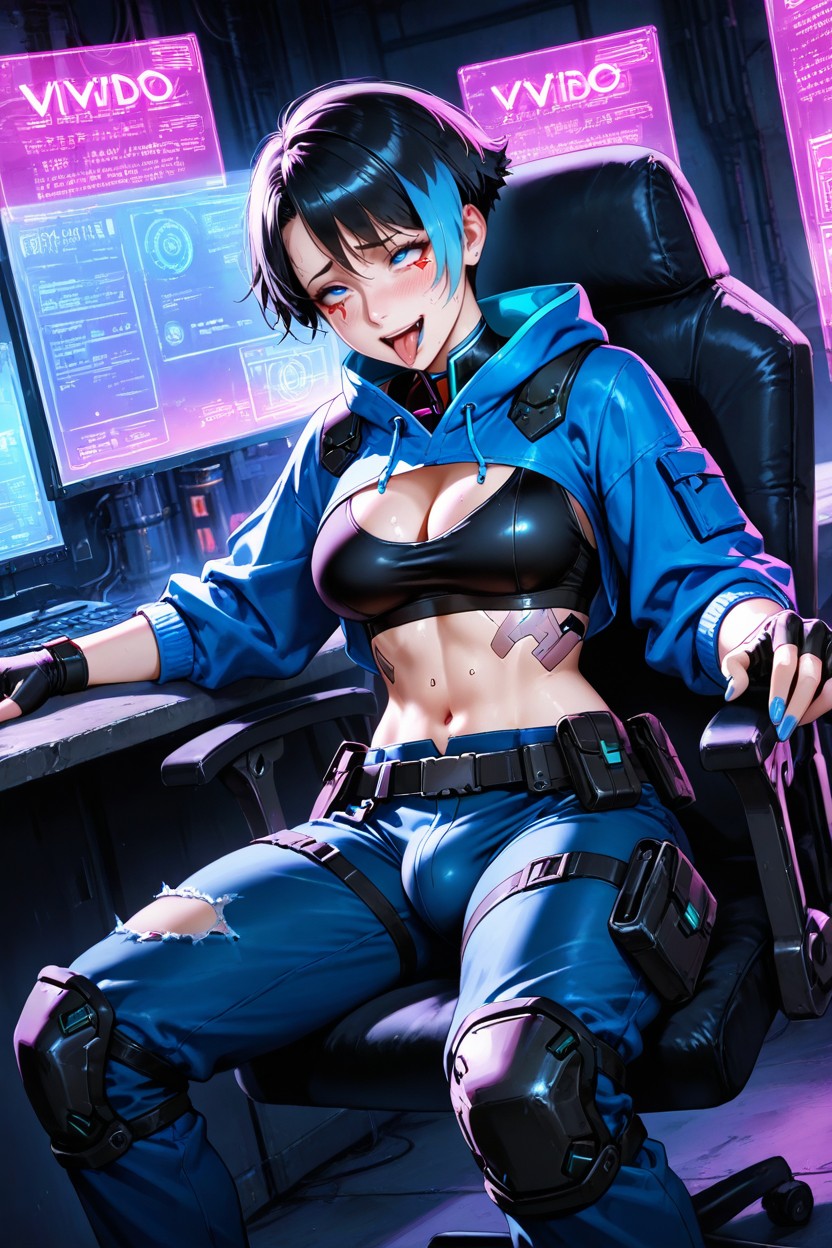 Endearing Demeanor, Cyberpunk Dark Blue Cargo Pants, Medium Breasts Hentai IA