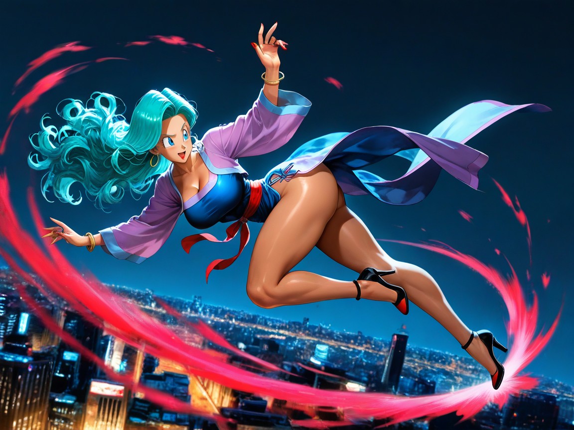 Wavy Hair, Flying Pose, Turquoise Hair Hentai AI Porn