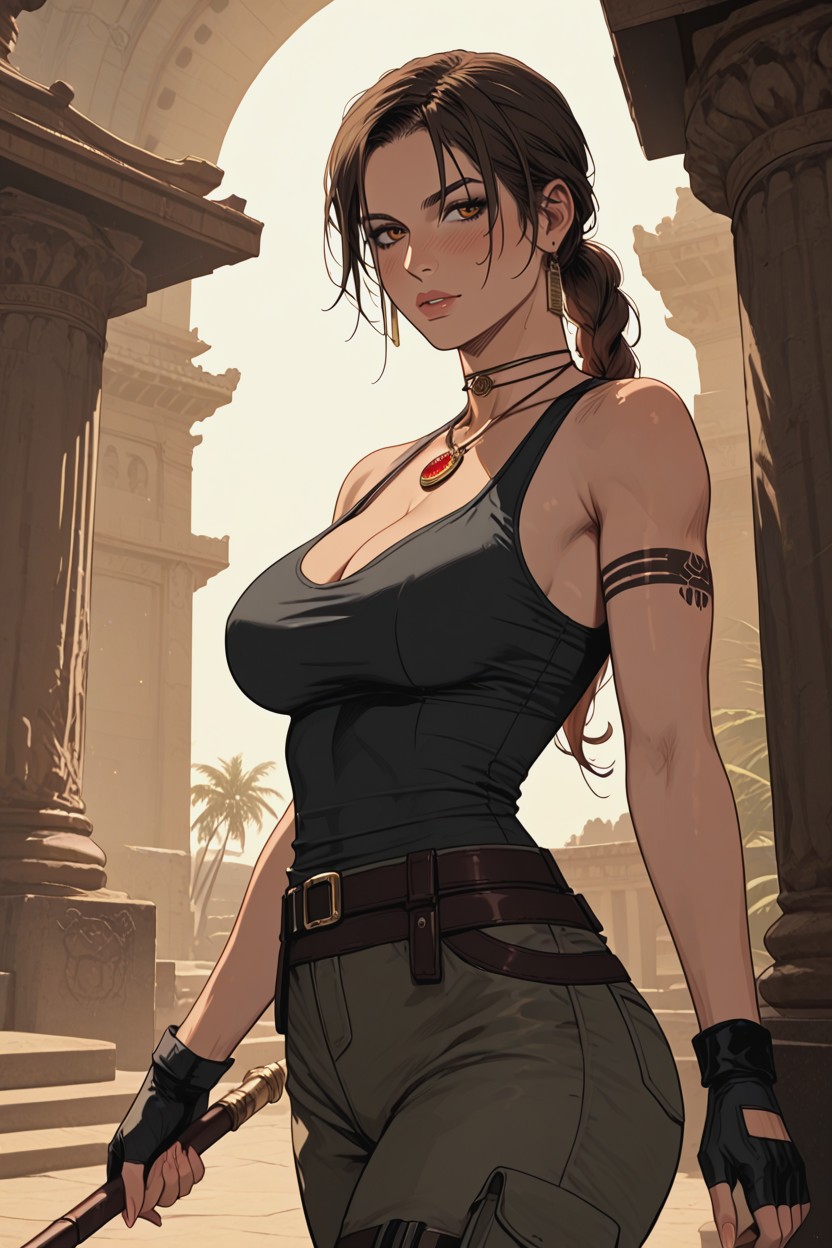 Female, Tight White Sleeveless Tank Top Clinging To Her Large Breasts, 18+ 헨타이 AI 포르노