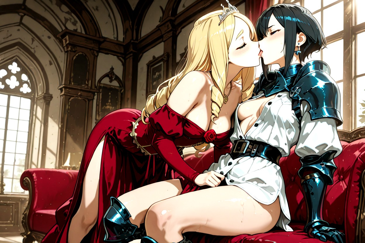 Mostly Undressed Knight, Full Body View Of Both, Knight's Face Upturned To Kiss Princess While Seated Hentai AI Porn