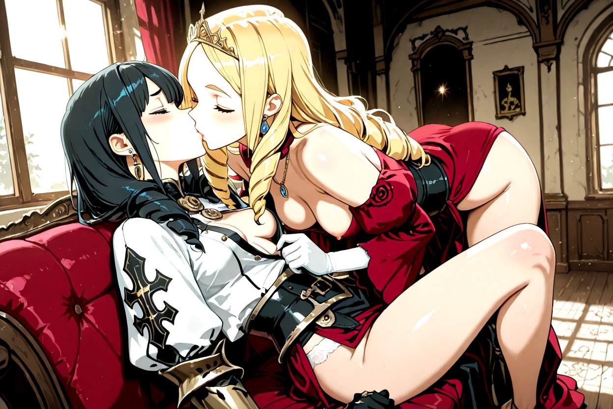 Knight's Face Upturned To Kiss Princess While Seated, No Bangs, Poofy Sleeves Cover Her Shoulders Hentai IA