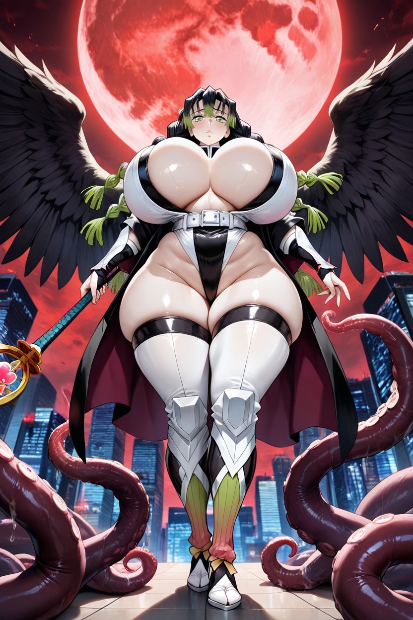 Mitsuri Kanroji From Demon Slayer, Arms Raising High Up Magical Staff, Front Standing Tall Legs Together Over Tentacles Hentai AI Porn