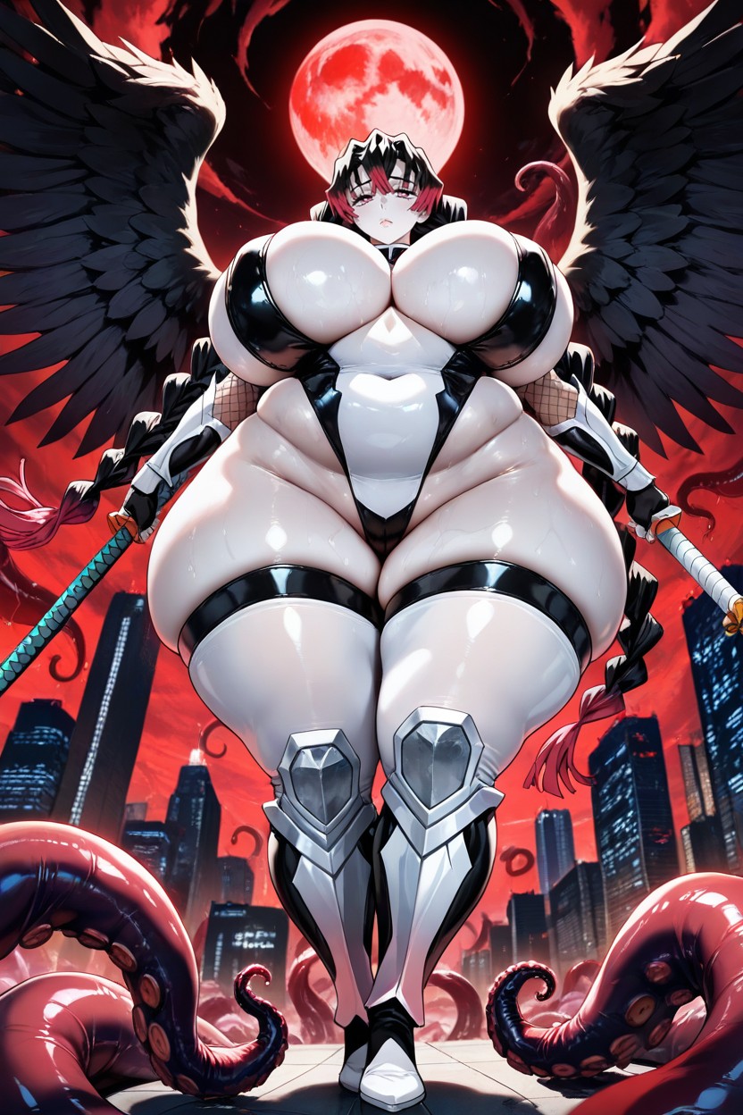 Arms Raising High Up Magical Staff, Extremely Large Ass, Gigantic Oversized Colossal Breasts Hentai AI Porn