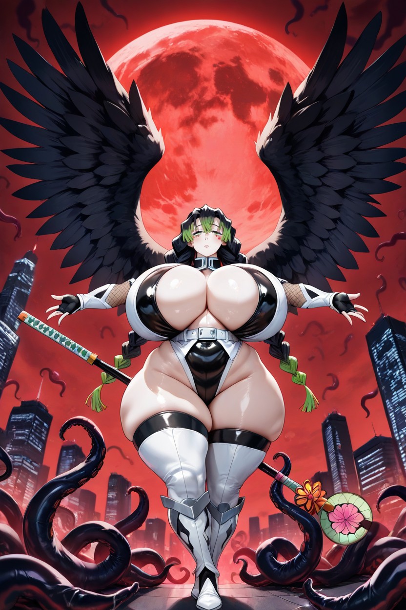 Fat Wide Waist, Tentacles Attached To Skyscraper, White Elbow Gauntlets Hentai AI Porn
