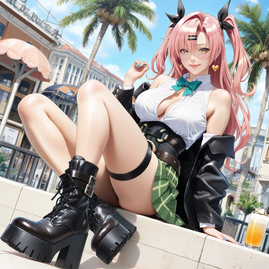 Elegant, Heavy-duty Black Lace-up Combat Boots With Platform Soles And Metallic Buckle Details, Sainan College Uniform Hentai AI Porn