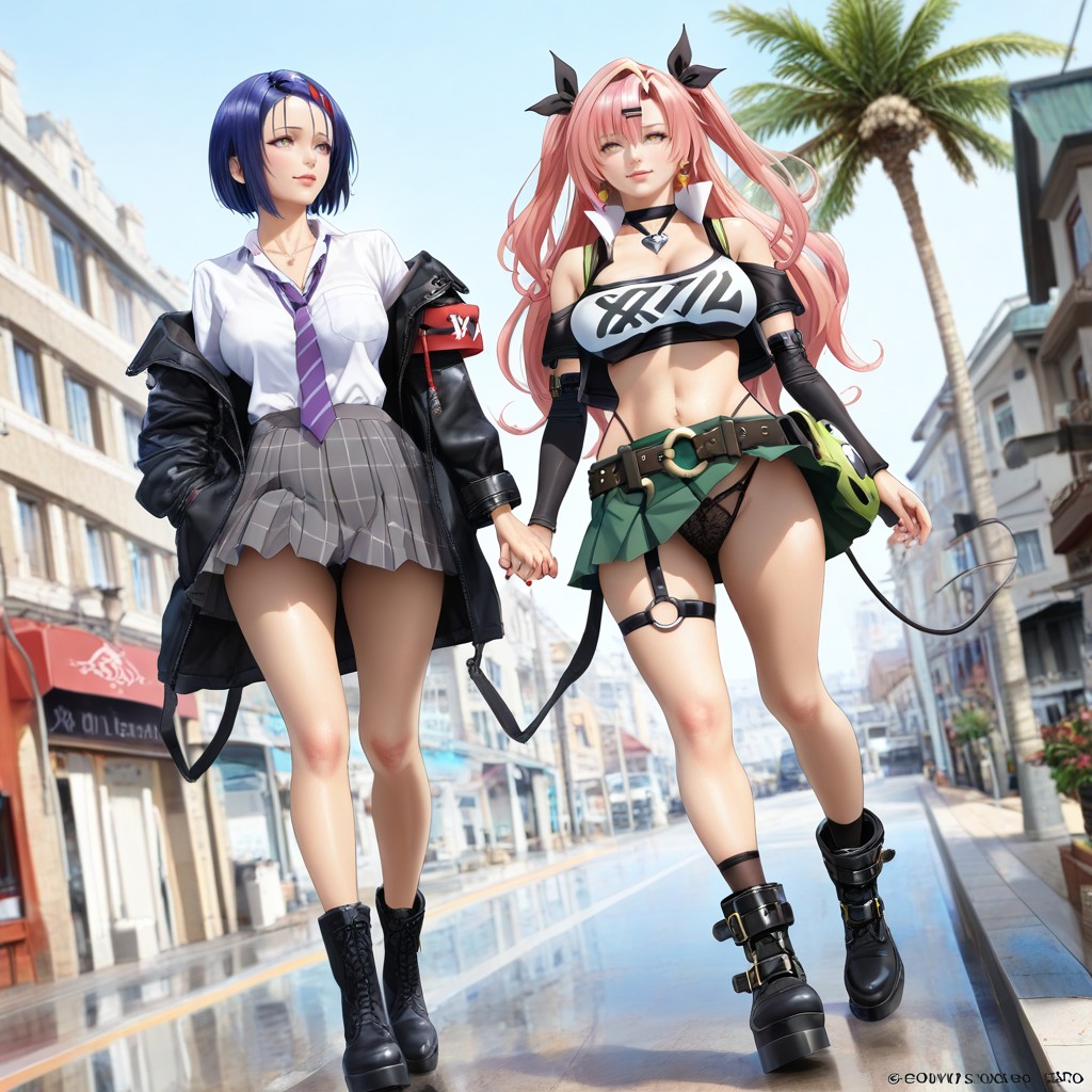 One Leg With A Black Thigh-high Stocking With Cutouts Near The Knee, Palm Trees, Full Body Hentai AI Porn