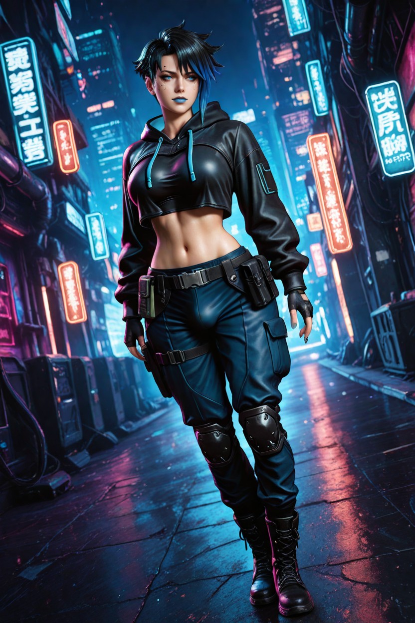 Cyberpunk Hacker, Black Hair With Blue Tips, Cyborg Hentai IA