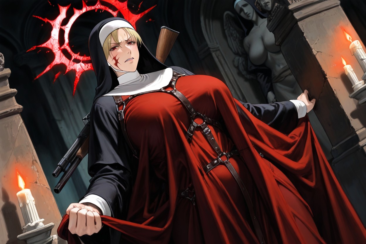 Holding Shotgun On Shoulder, Chin Raised, Modest Habit Hentai IA