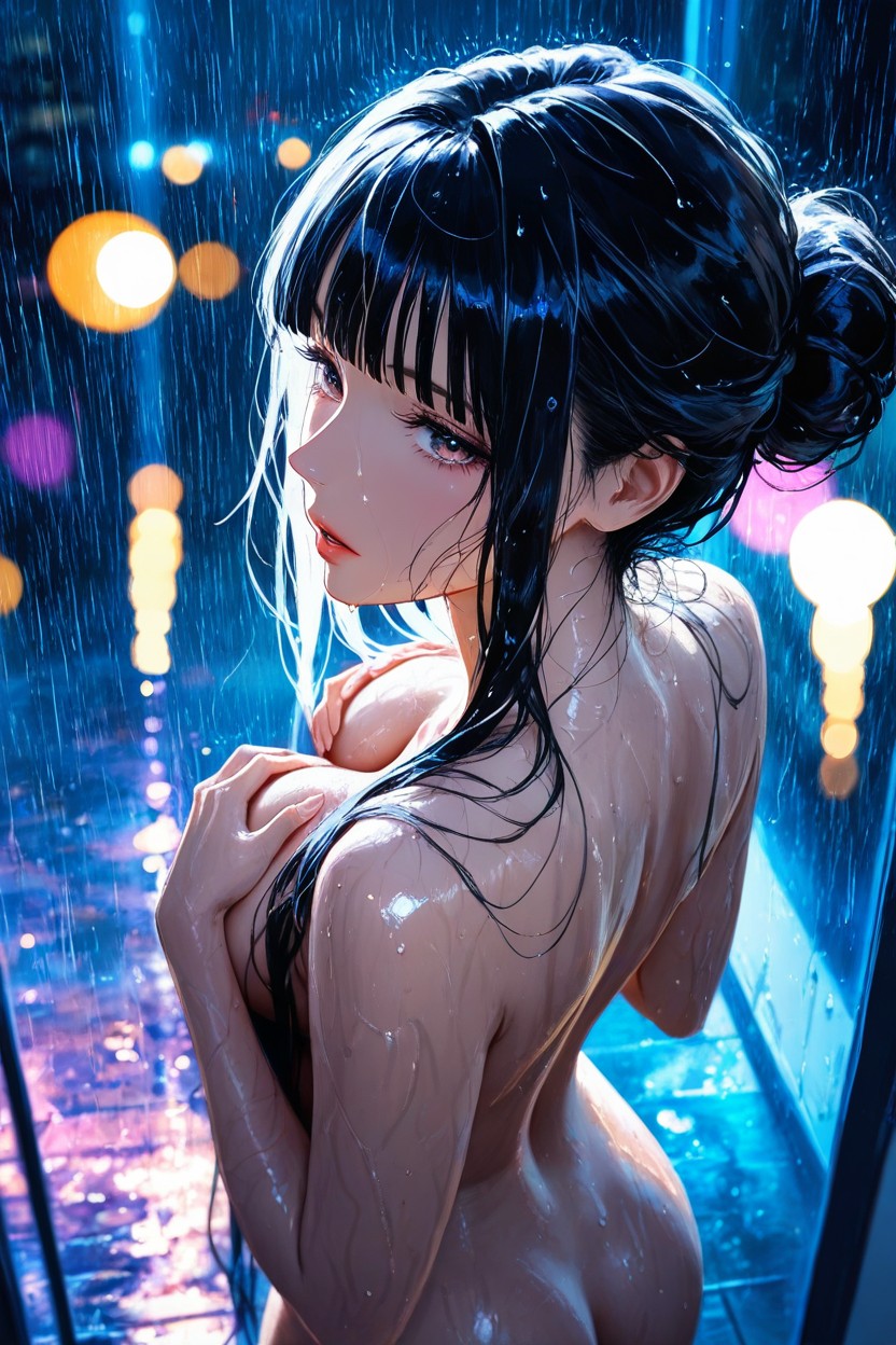 Glass Background, Blunt Bangs, Back View Hairstyle Porno IA Hentai
