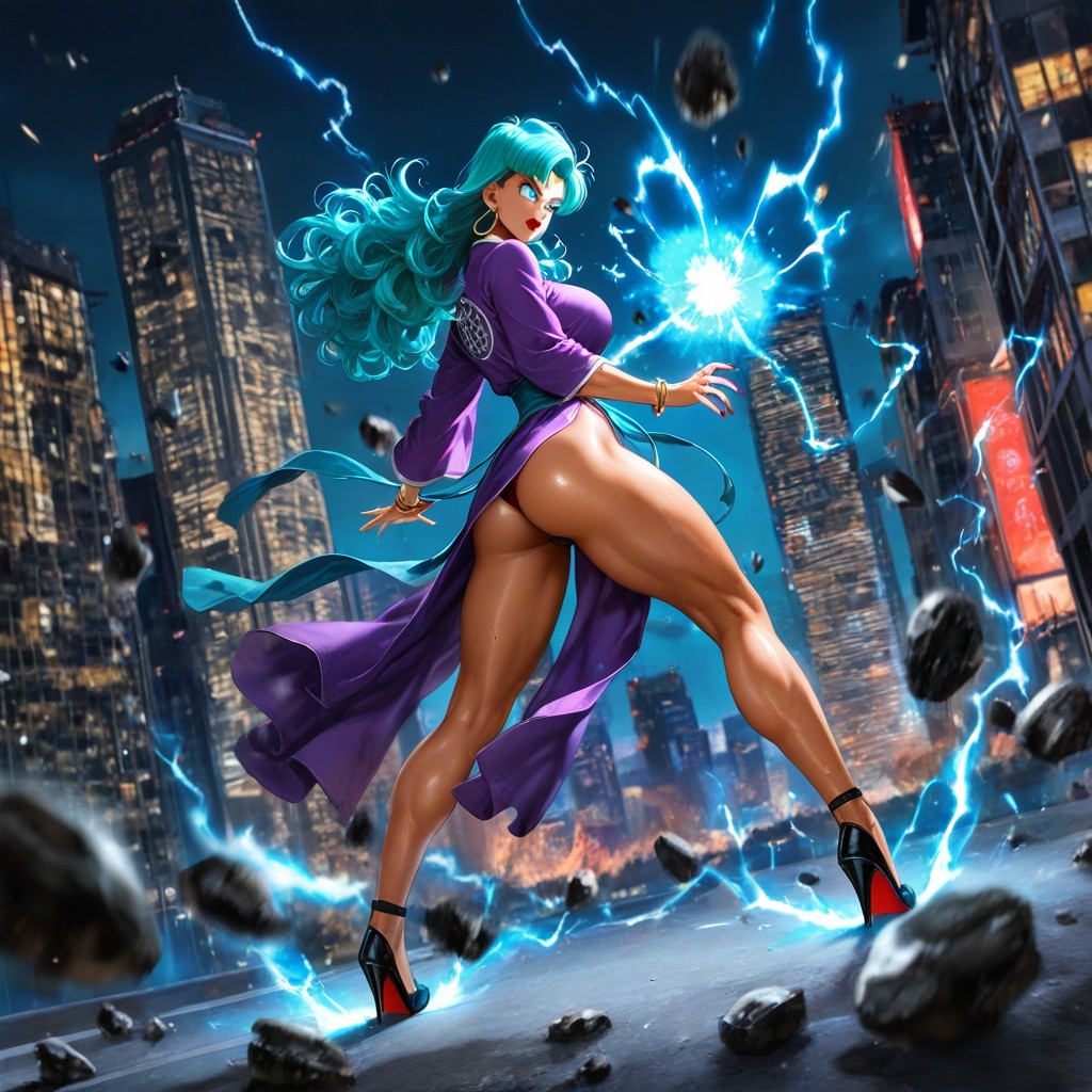 Cabello Turquesa, Sparks Of Blue Electricity Everywhere Around Body Wildly, Ultra Detailed Hentai IA