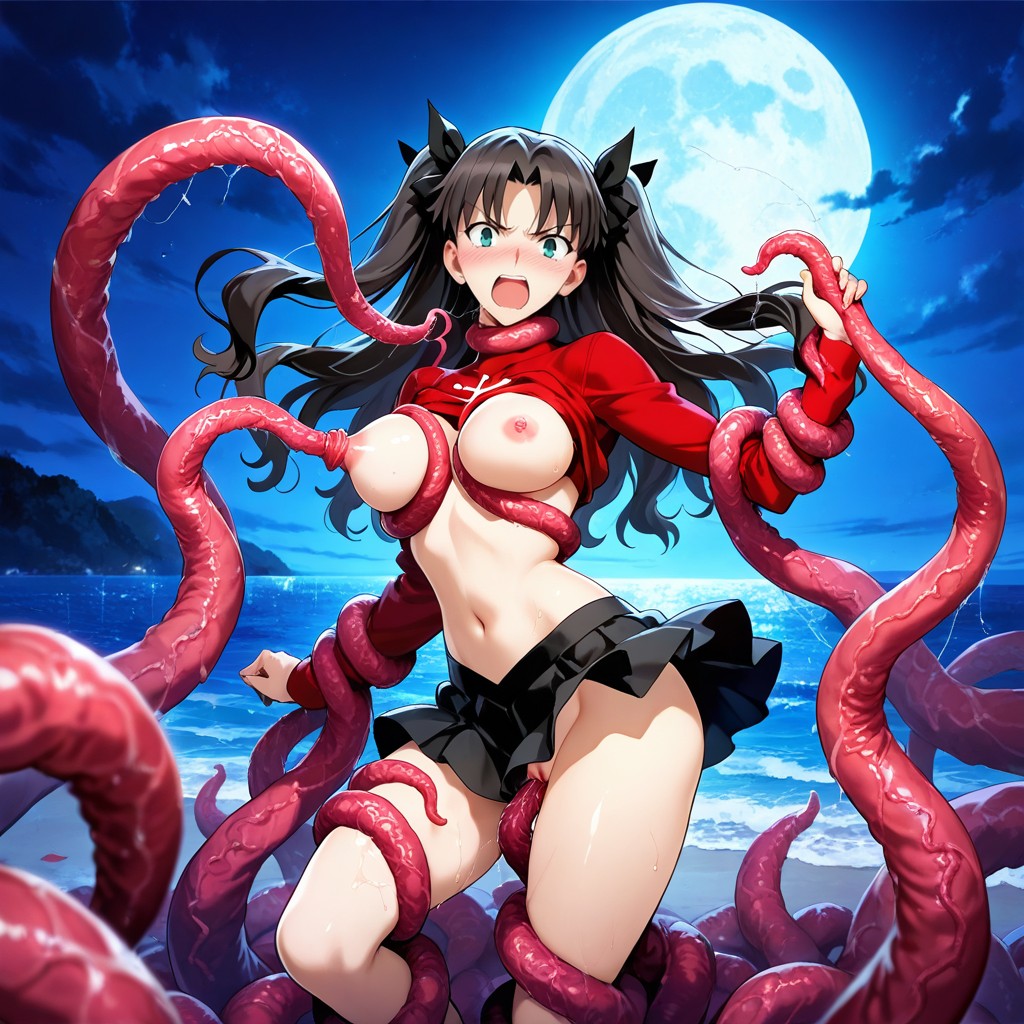 At Night Blue Moon Light, Rin Tohsaka Official Clothes Artwork In Fate/stay Night, Tentacles Grope Her Hentai AI Porn