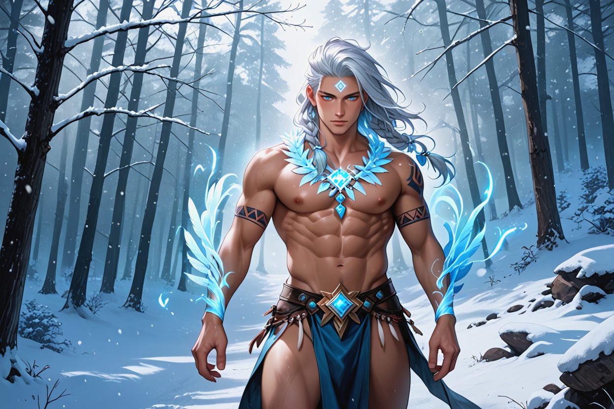 Celtic, Arms And Thighs, Glowing Blue Mystical Rune On Forehead Hentai AI Porn