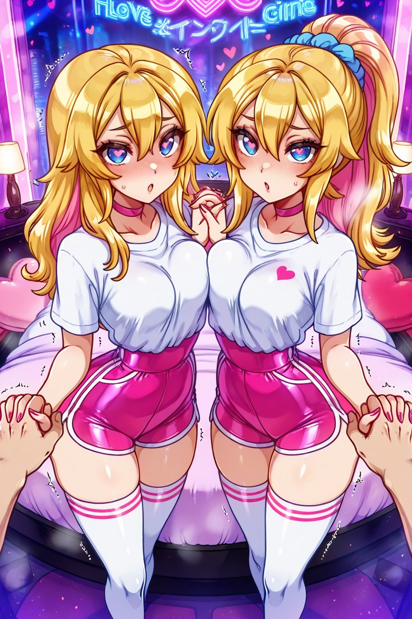 White Tshirt, Lots Of Pink Heart-shaped Pillows, Perfect Hourglass Body Hentai IA