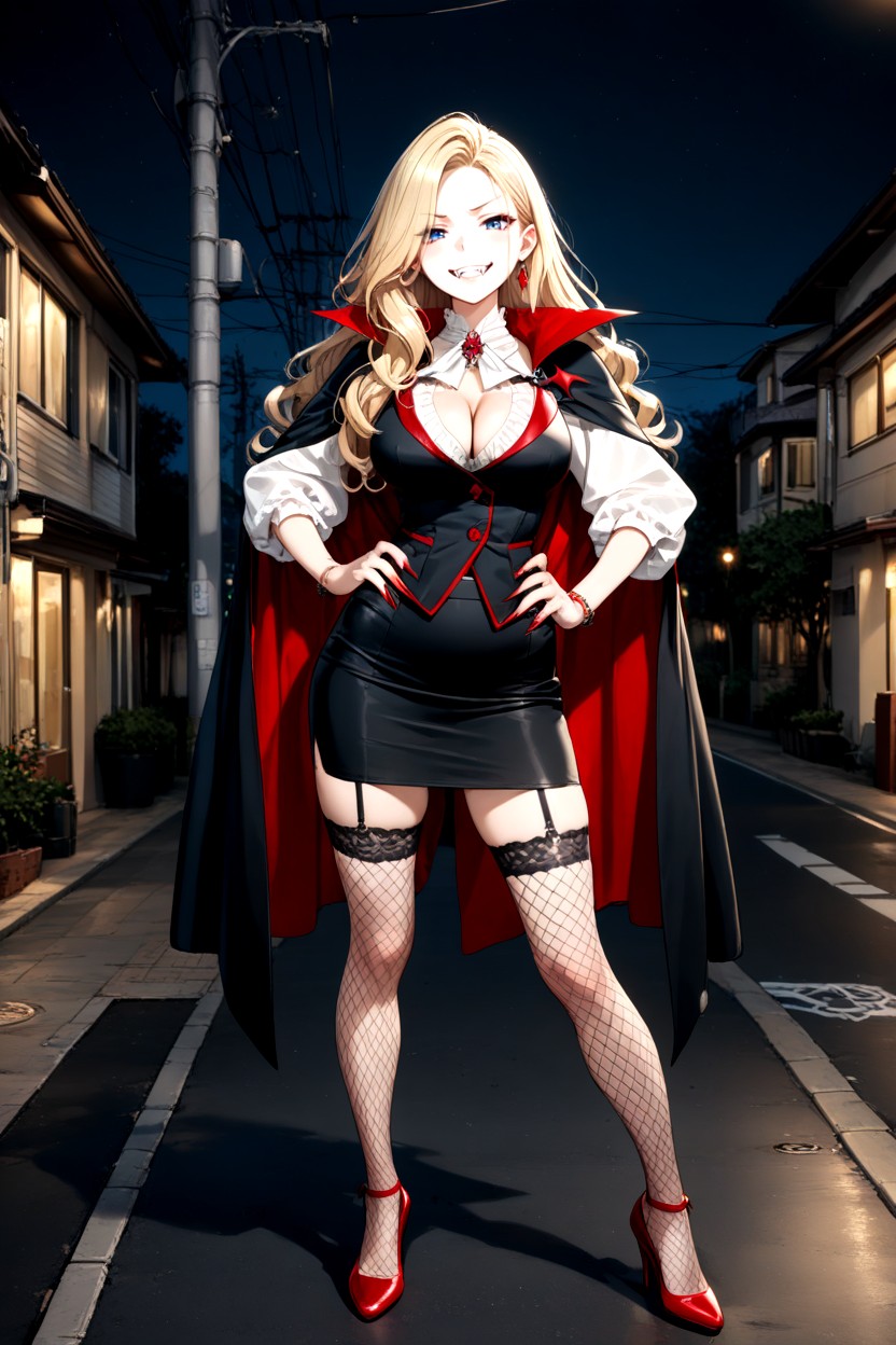 Plano Mediot, Both Hands On Hips, Side Swept Hair Hentai IA