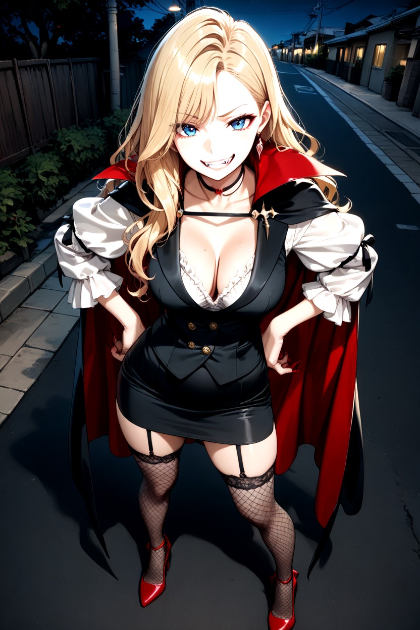 Red High Heels, Legs Apart, In Quiet Suburban Street Hentai AI Porn