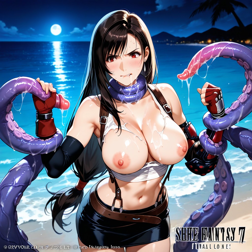 Confused Face, Tentacles Squeezes Her Breasts, Tifa Walking Alone On A Beach At Night Hentai AI Porn