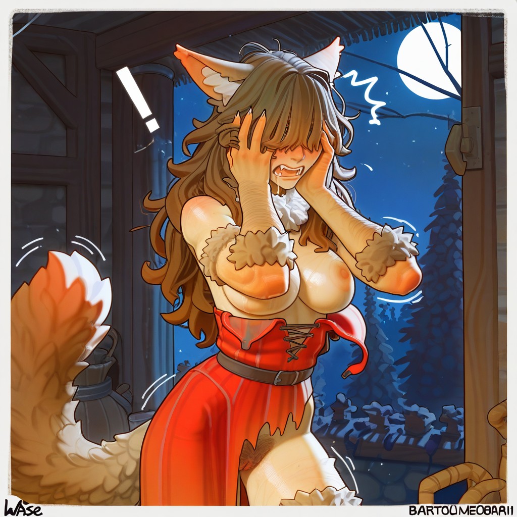 Fangs, Surprised, Medieval Peasant Red Dress Hentai AI Porn