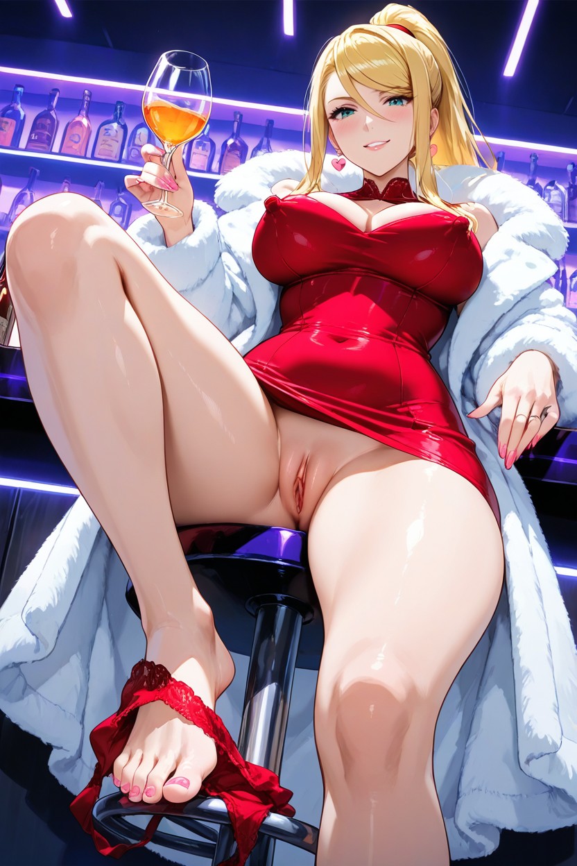 She Is Holding A Glass In One Hand, Front View, One Leg Bent Resting On Bar Stool Hentai AI Porn