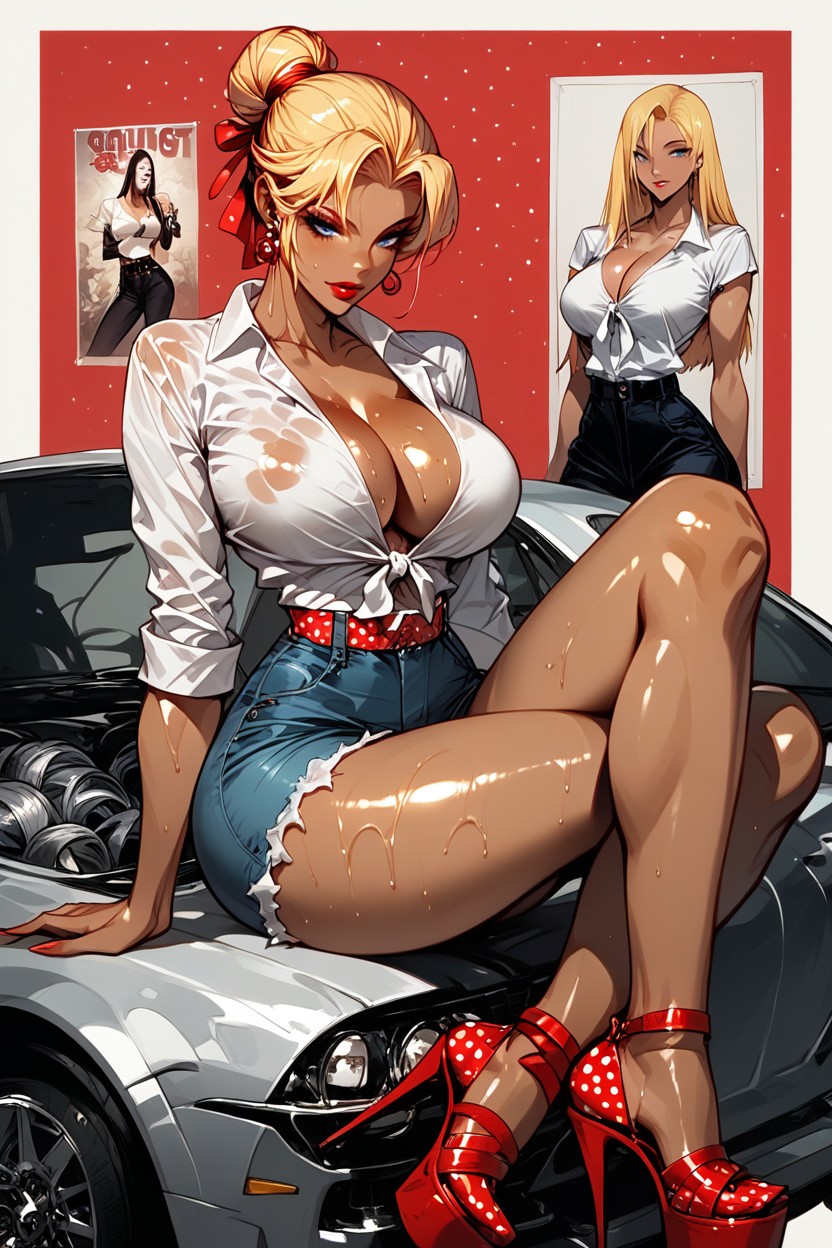 Big Ass, Blue Eyes, Red Polka Dot Head Wrap Hentai IA