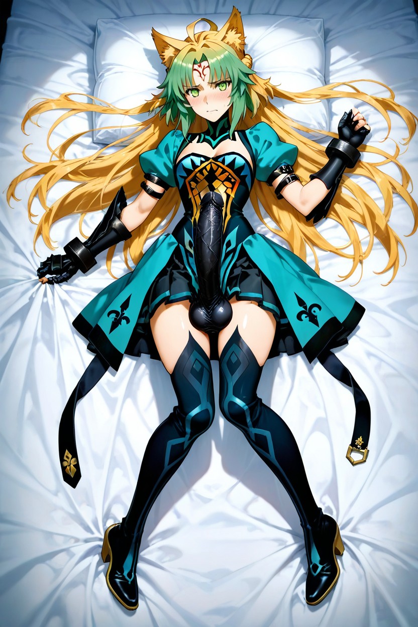 She Is Lying Centered On A Plain White, Small Breasts, Huge Erect Penis Hentai AI Porn