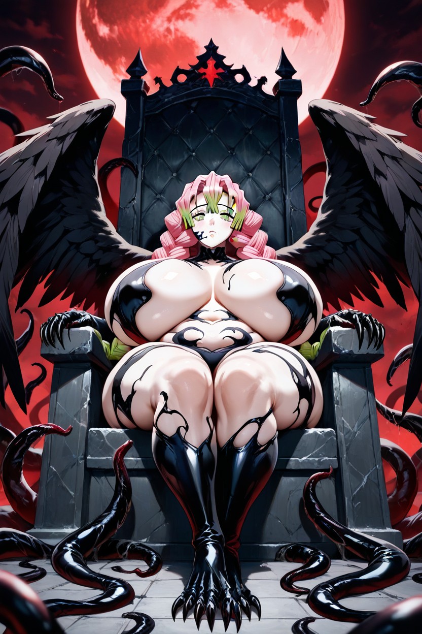 Bbw, Black Color Hair, Spreading Large Black Feathered Wings Hentai AI Porn
