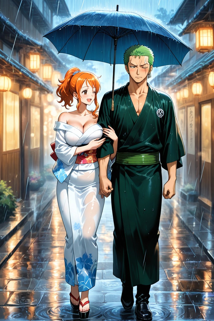 Pressing Her Breast To His Elbow, Orange Hair, Exposed Shoulders Hentai IA