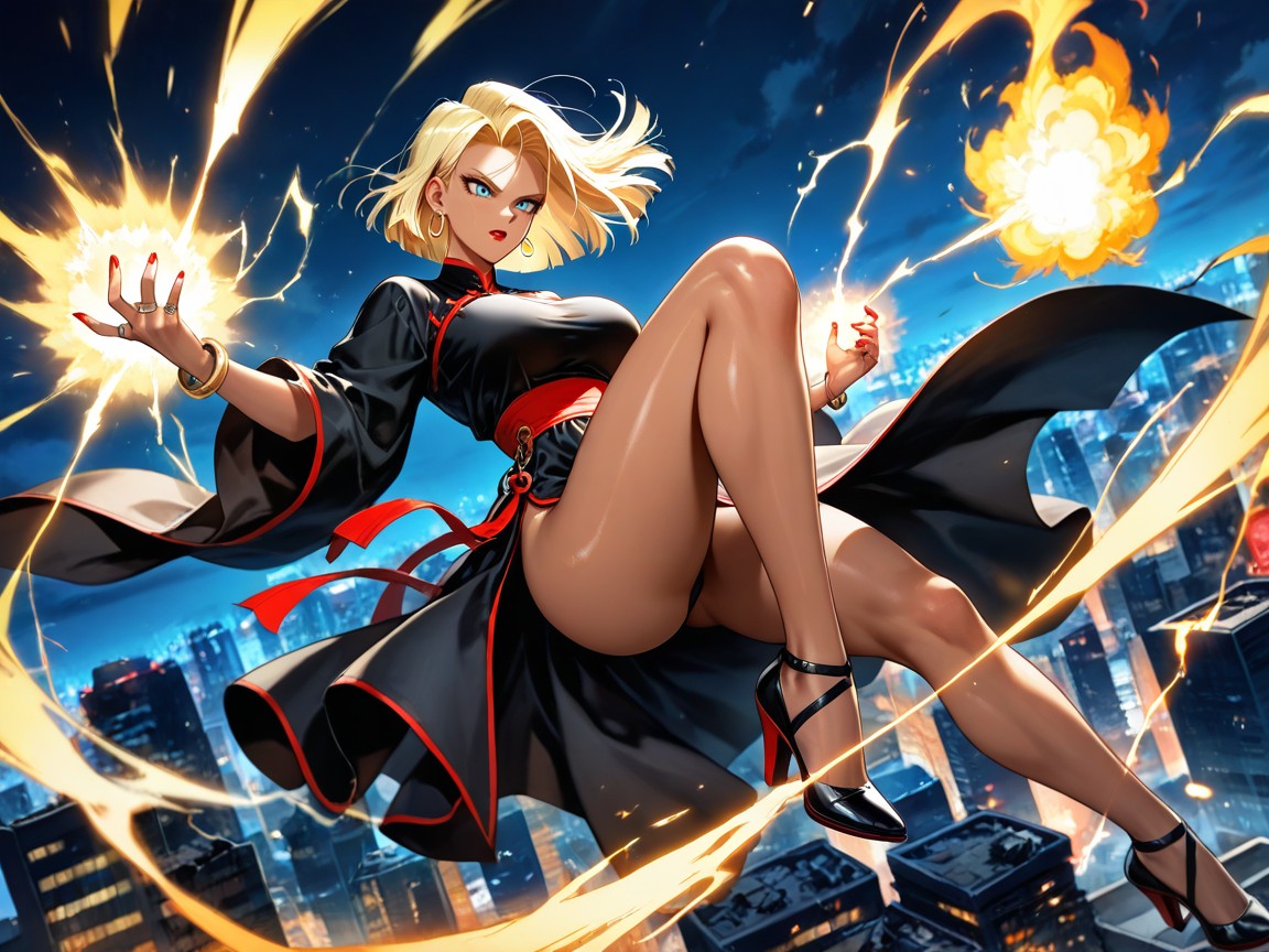Motion Blur Effects, Wearing A Black Chinese Hanfu, Buildings Being Destroyed By Power Up Hentai IA