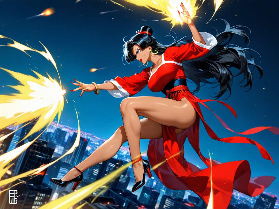 Shooting Energy Blast Waves From Her Hands, Pelo Negro, Bracelets Hentai IA