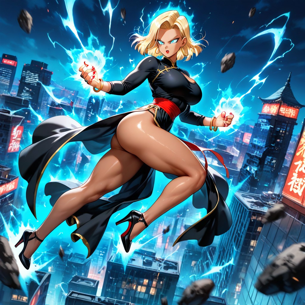 Night, Sparks Of Blue Electricity Everywhere Around Body Wildly, Speed Effects Hentai AI Porn