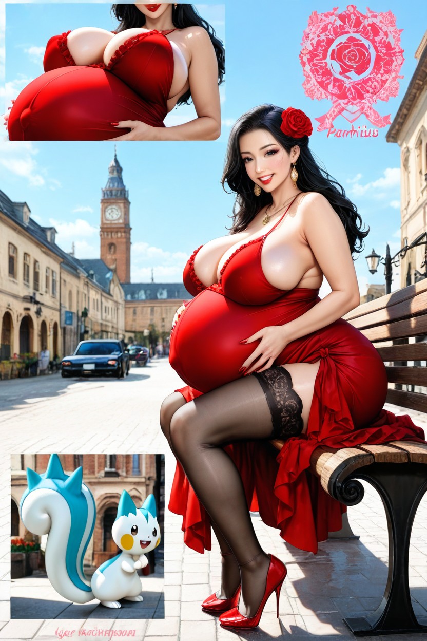 Covered Belly, Sitting On A Bench, City Hentai AI Porn