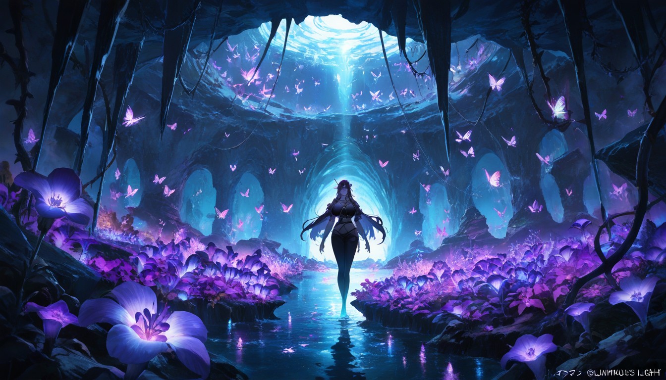 Bioluminescent Vines, And Glowing Crystal Formations The Water Reflects Shades Of Blue, 18+ Porno IA Hentai