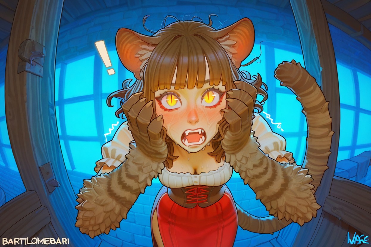 Blunt Bangs, Ripped Clothes , Brown Feline Ears Hentai AI Porn